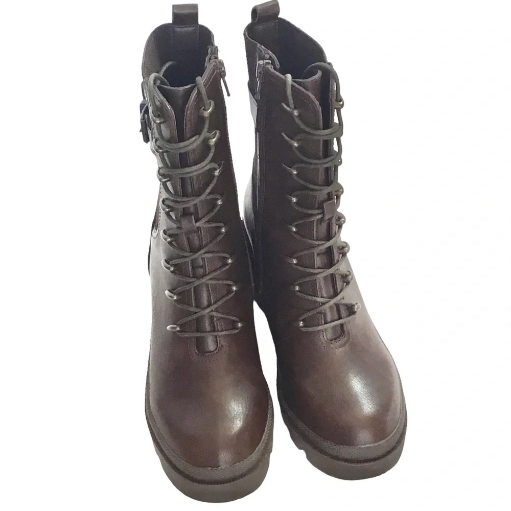 🆕TAHARI MELISSA Chunky Combat Ankle Boot Brown Vegan Leather Lace/Zip up Size-10 - Picture 4 of 16